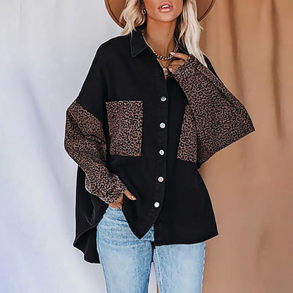 Autumn Shacket Long Sleeve Pocket Leopard Print Printing Collared Cardigan Top
