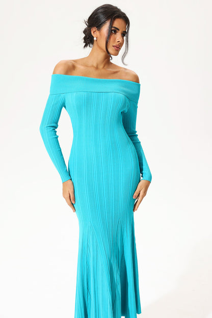 Long Sleeve Off-shoulder Slim Fishtail Knit Midi Dress