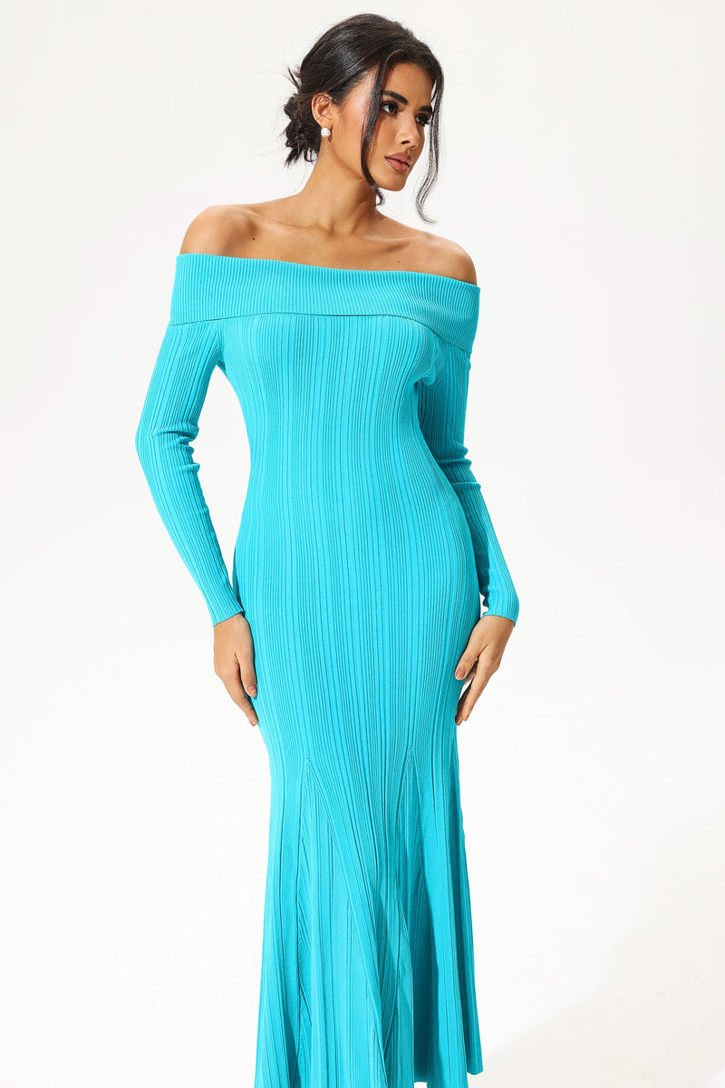 Long Sleeve Off-shoulder Slim Fishtail Knit Midi Dress
