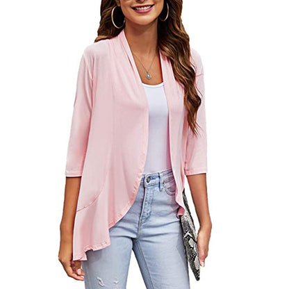 Clothing Autumn Color Cardigan 3/4 Sleeve Ruffle Top