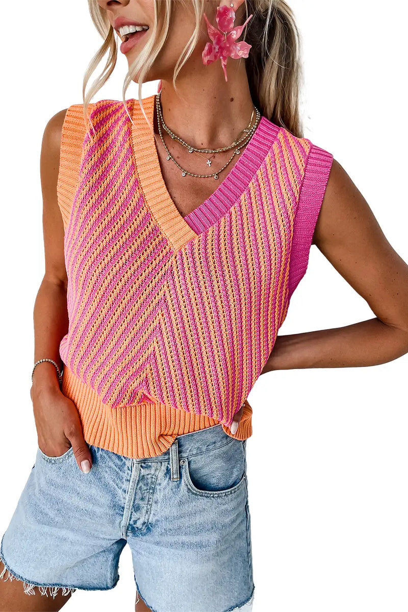 Chevron Pink Knit V Neck Sweater Vest
