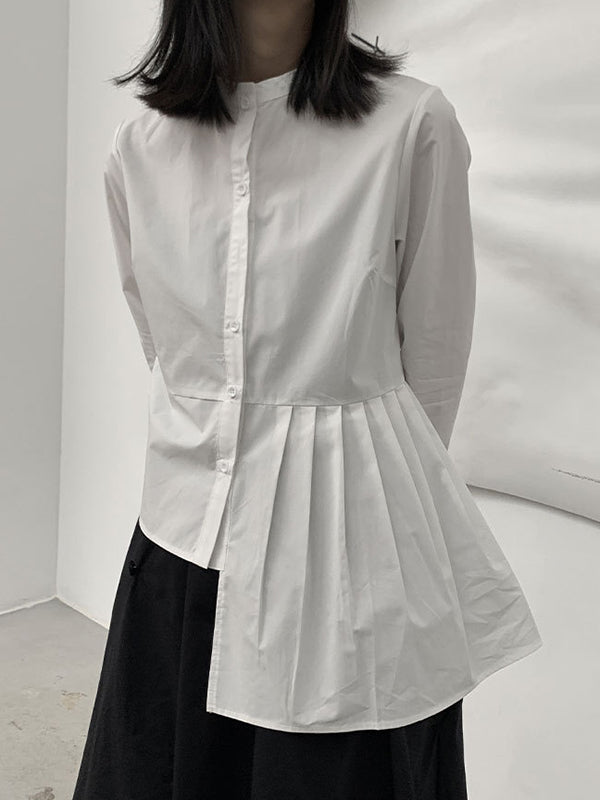 Long Sleeves Asymmetric Buttoned Pleated Color Round-neck Blouses&shirts Tops