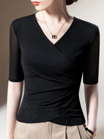 Half Sleeves Asymmetric Pleated Color Split-joint V-neck T-shirts Tops