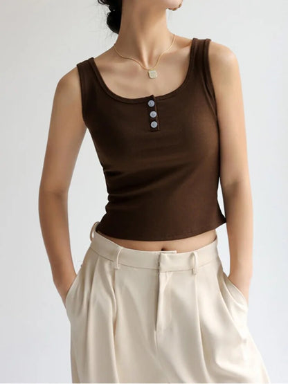 ’s Basic Shirts Summer White Crop Top 3 Buttons Sports Vest Y2k Elastic Rib-knit Sleeveless Tank Top Strap Black