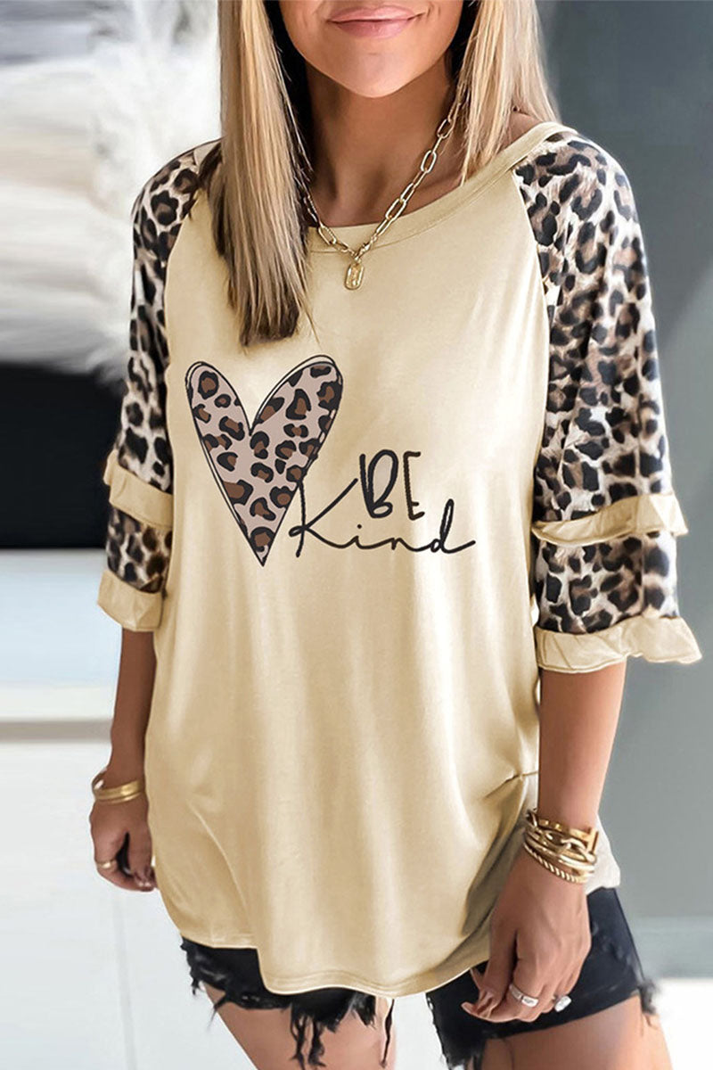 Print Leopard Patchwork O Neck T-shirts(5 Colors)