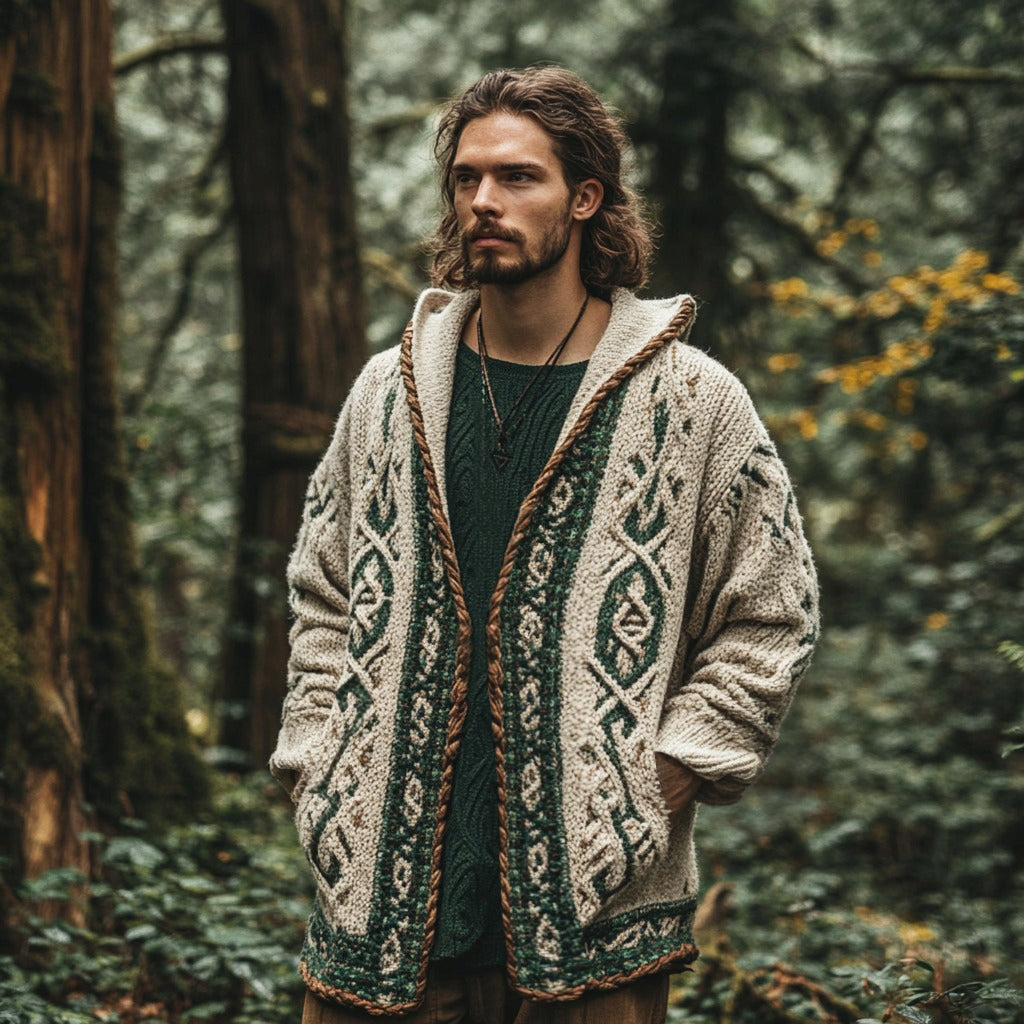 Men's Vintage Celtic Knot Knit Cozy Hooded Cardigan elevenforest