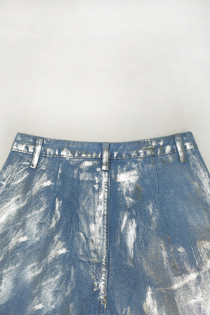Street Gradient Print Pocket Sequined Contrast High Waist Loose Denim Jeans