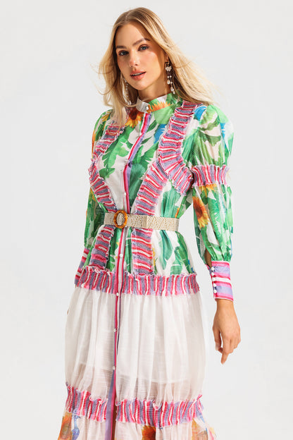 Lantern Sleeve Stand Collar Ruffle Maxi Dress
