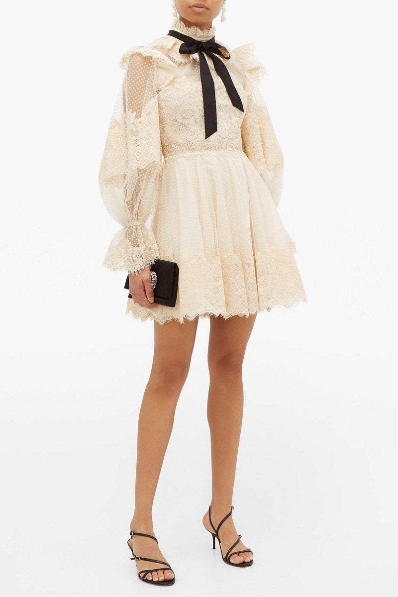 Lantern Sleeve Pussy-bow Lace Mini Dress