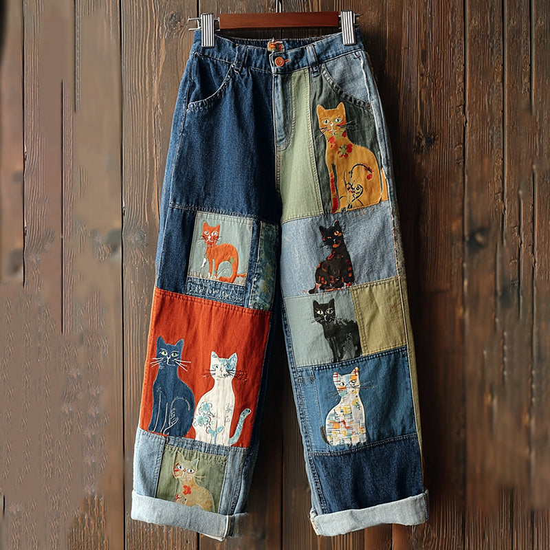 Vintage Patchwork Cute Cat Print Contrast Jeans elevenforest