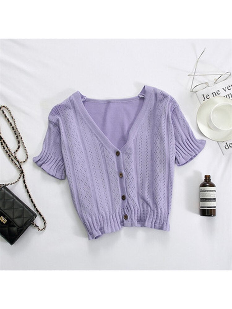 T-shirts V-neck Button Up Tees Short Sleeve T-shirts Knitted Cadigans Crop Tops for Summer Tee
