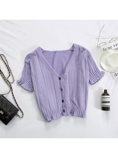 T-shirts V-neck Button Up Tees Short Sleeve T-shirts Knitted Cadigans Crop Tops for Summer Tee