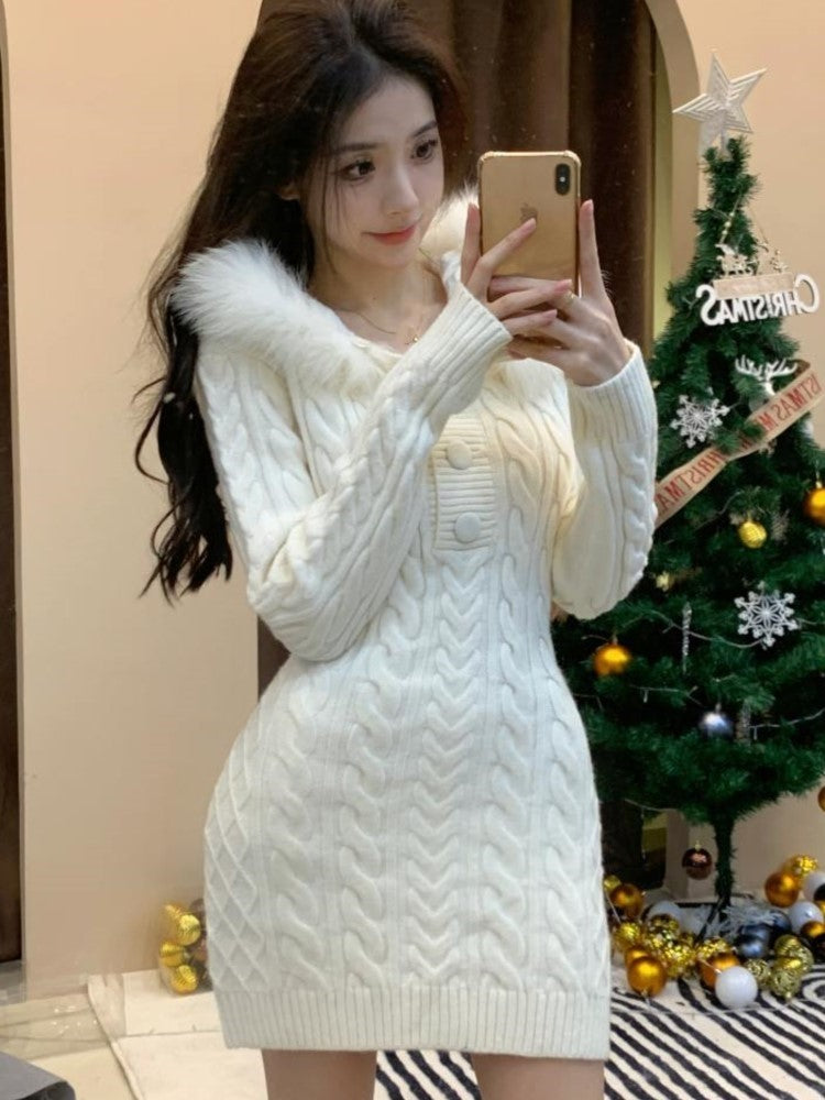 Y2k Knitted Dress Faux Fur Hooded Sweater Christmas Party Mini Dresses Autumn Winter Kawaii Vestidos Mujers New