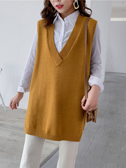 Sleeveless Split-side Color V-neck Knitted Vest