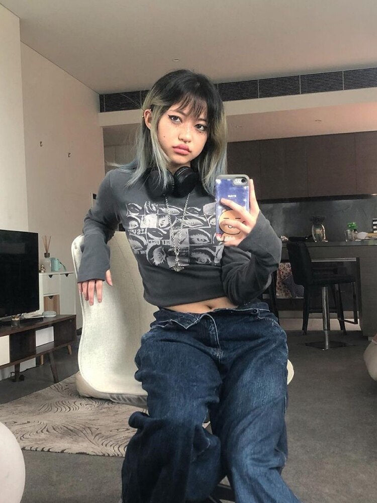 Retro Eyes Print Tops Fairy Grunge Graphic Spring T Shirts Indie Aesthetic Clothes Cyber Y2k Slim Long Sleeve Top
