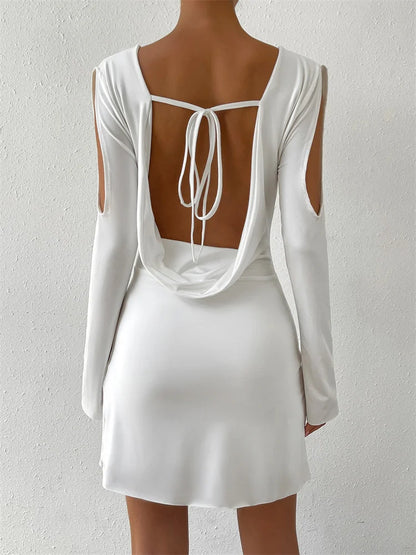 Tossy Hollow Out Lace-up Mini Dress Female Long Sleeve Bandage Backless Dress Slim Patchwork ’s Dress