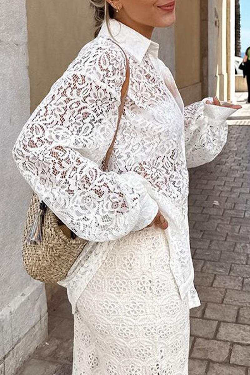 Lace Hollowed Out Turndown Collar Tops