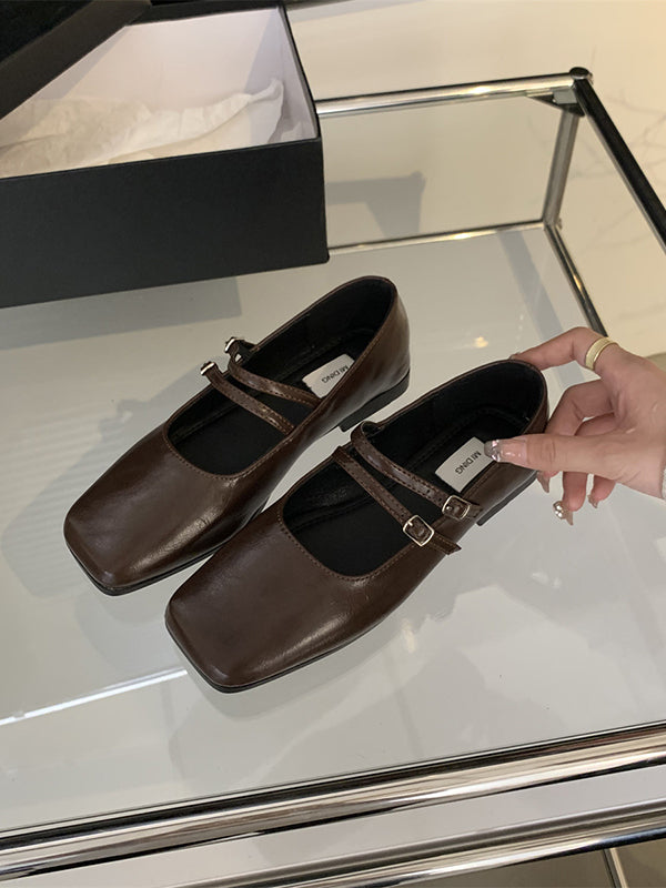 Belt Buckle Shallow Cut Split-joint Square-toe Flats Mary Janes
