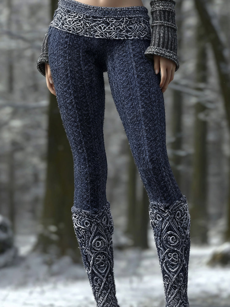 Vintage Viking Pattern Art Knit Cozy Leggings artswardrobe
