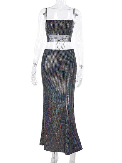 Tossy Sequin 2 Piece-set Female Camisole Backless High Waist Long Skirt Outfits See-through Glitter Maxi Skirt Sets