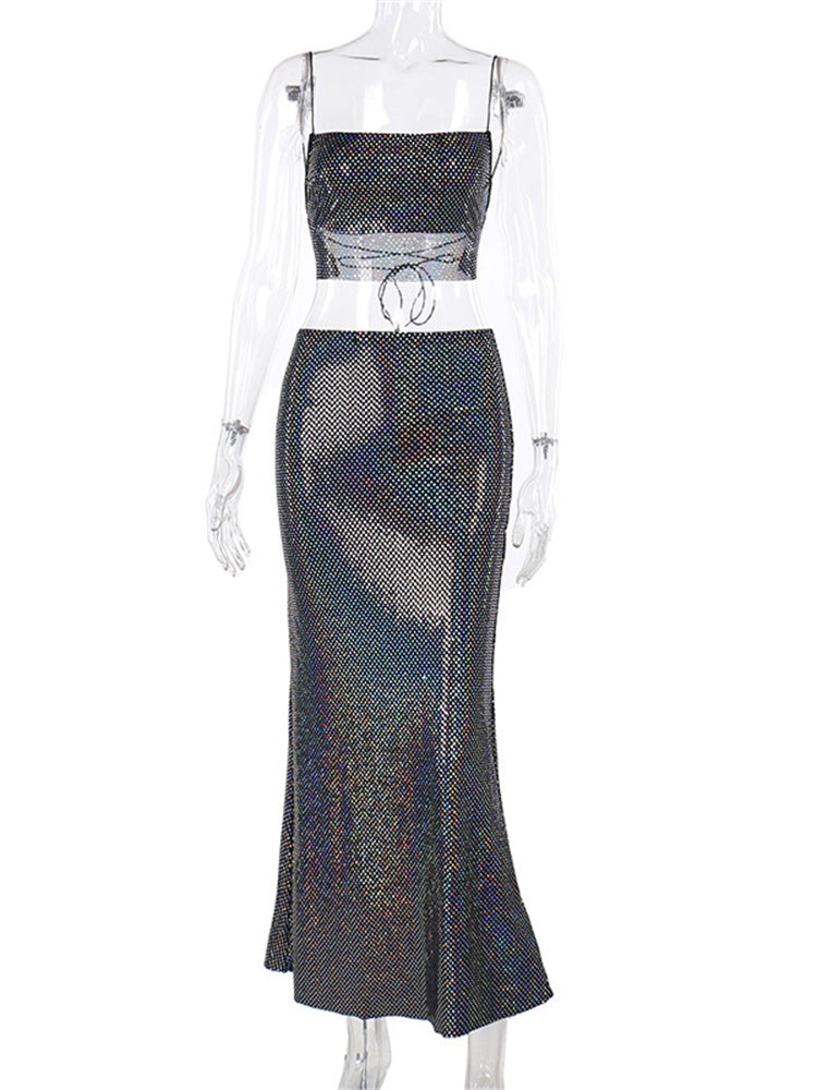 Tossy Sequin 2 Piece-set Female Camisole Backless High Waist Long Skirt Outfits See-through Glitter Maxi Skirt Sets
