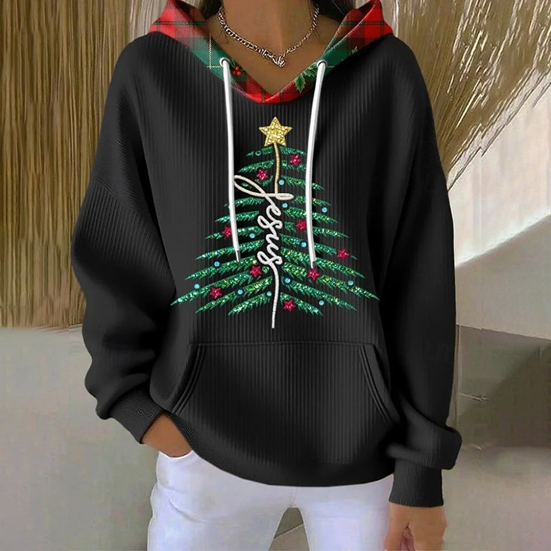 Comstylish Women's Christmas Tree Print Casual Hoodie