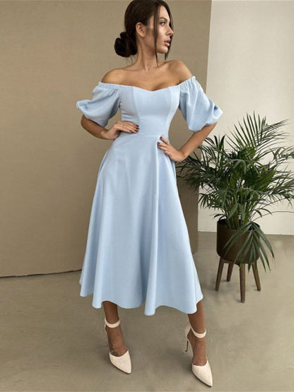 Midi Dress Bateau Neck Half Sleeves Semi Formal Party Dress