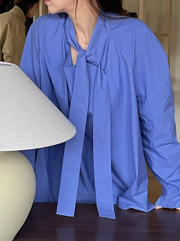 Long Sleeves Loose Color Split-joint Streamer High Neck Blouses