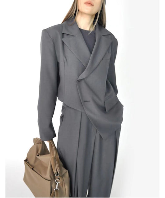 Autumn Winter Irregular Asymmetric Blazer High Waist Wide Leg Pants Set