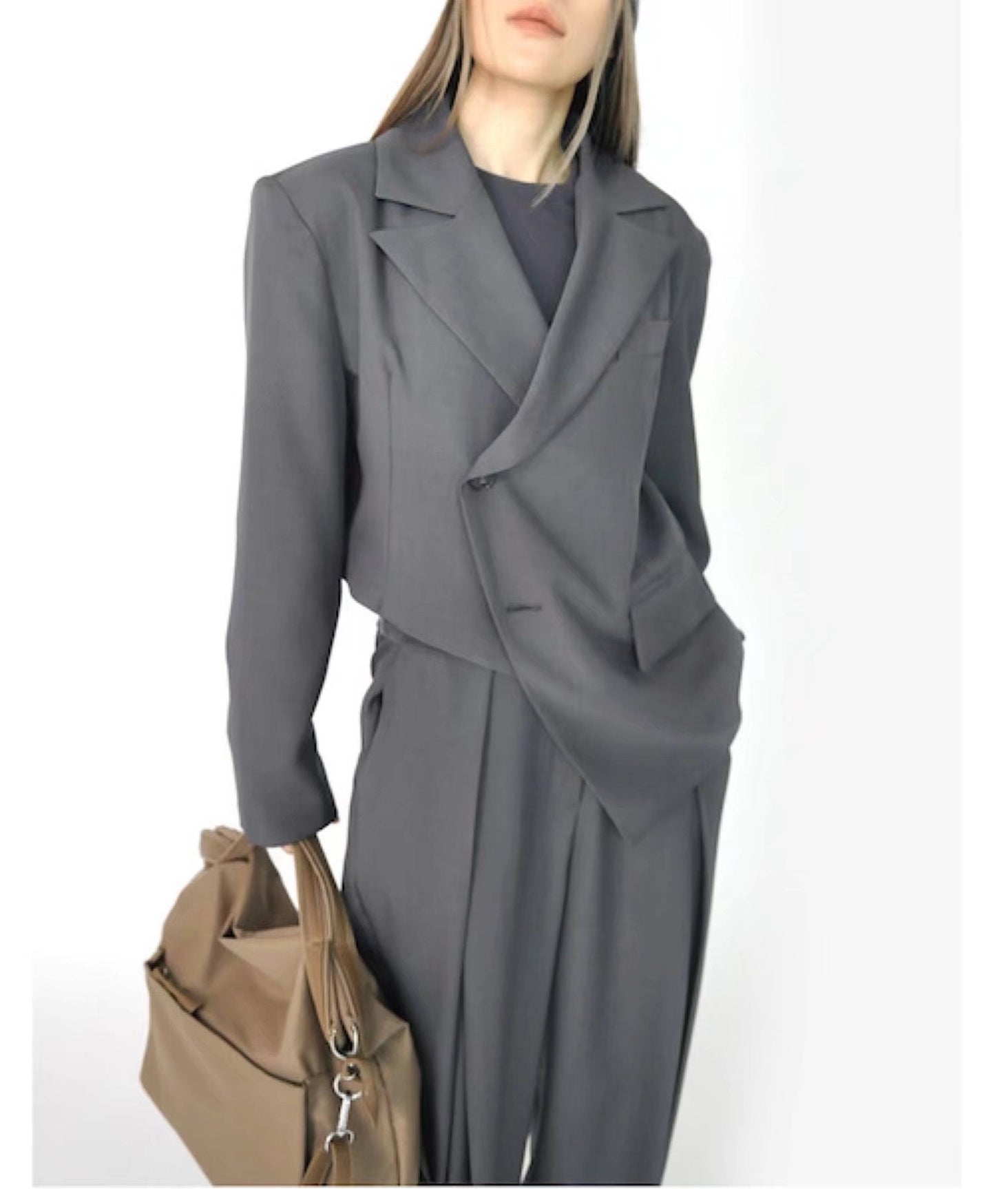 Autumn Winter Irregular Asymmetric Blazer High Waist Wide Leg Pants Set