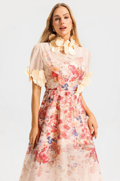 Round Neck Lace Up Short Sleeve Midi Dress