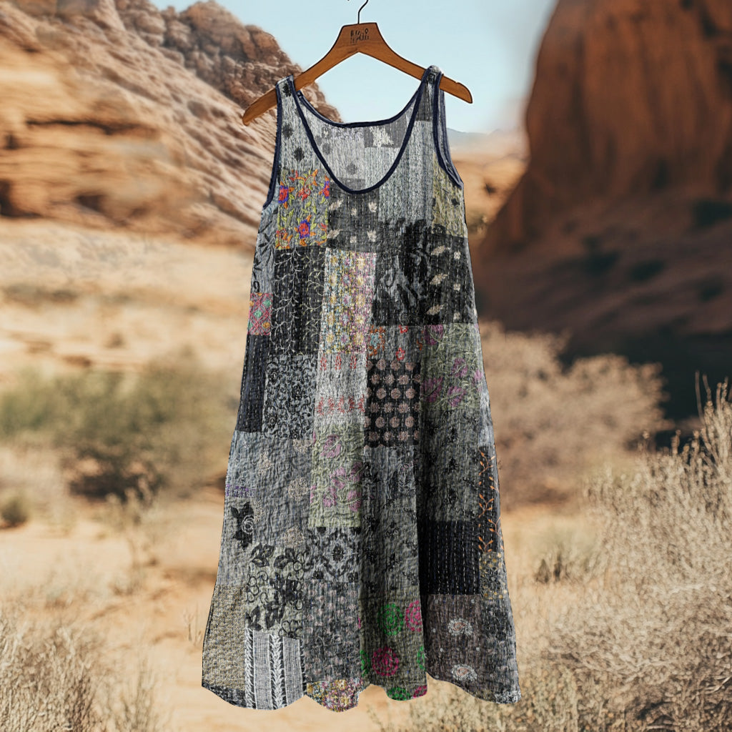Comstylish Japanese Traditional Sashiko Patchwork Art Linen Tank Dress