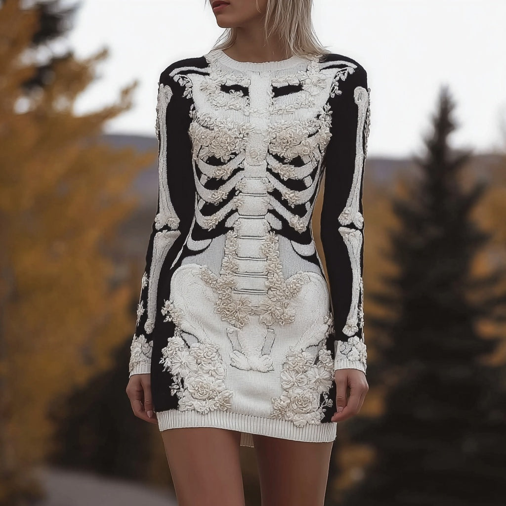 Vintage Halloween Skeleton Floral Art Cozy Sweater Dress artswardrobe