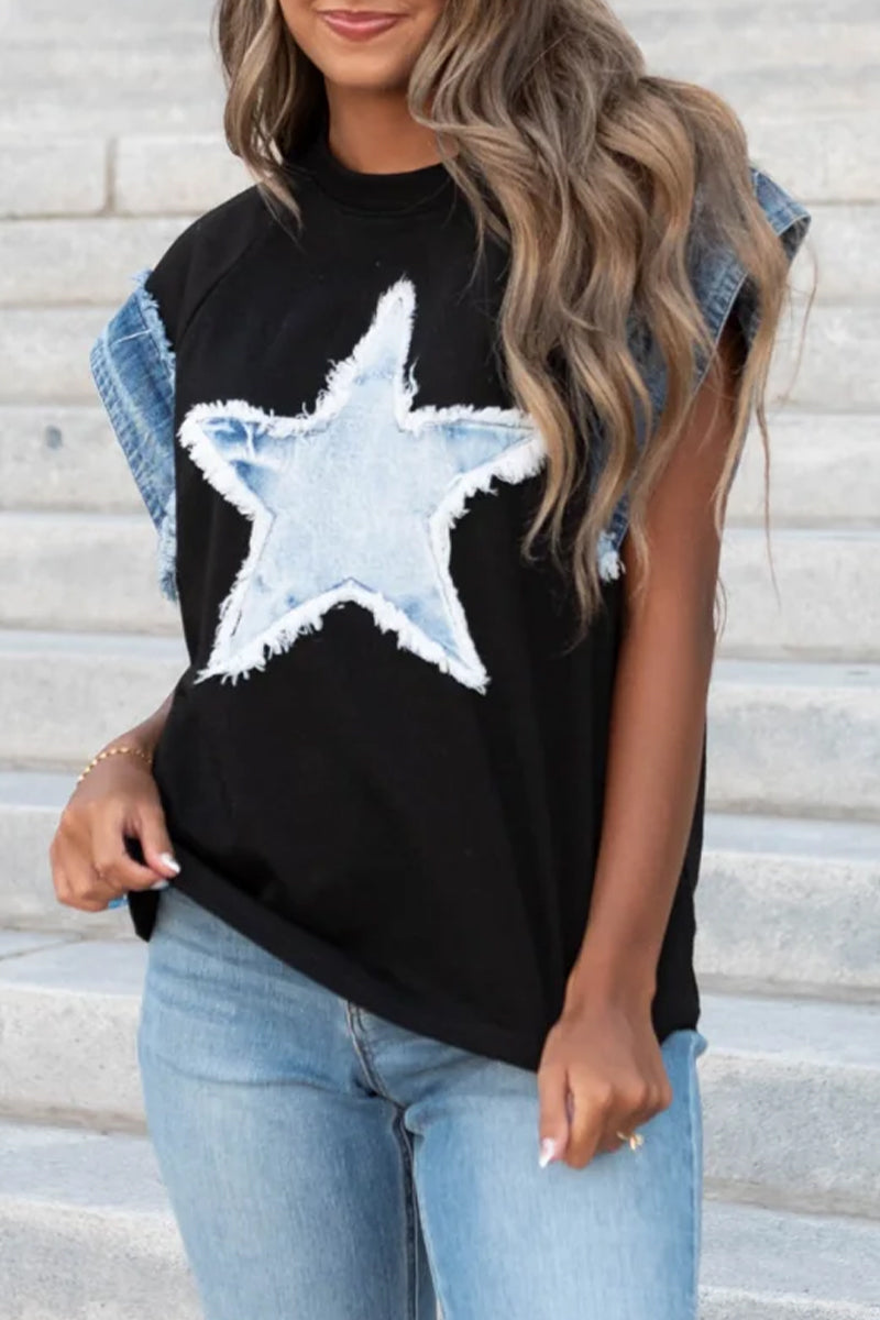 The Stars Distressed Patchwork O Neck T-shirts