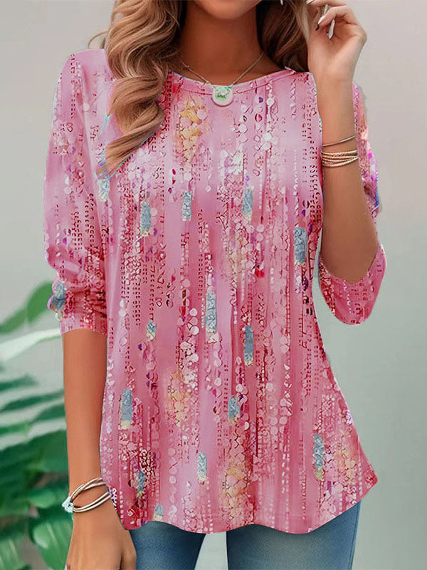 A-line Long Sleeves Printed Round-neck T-shirts Tops