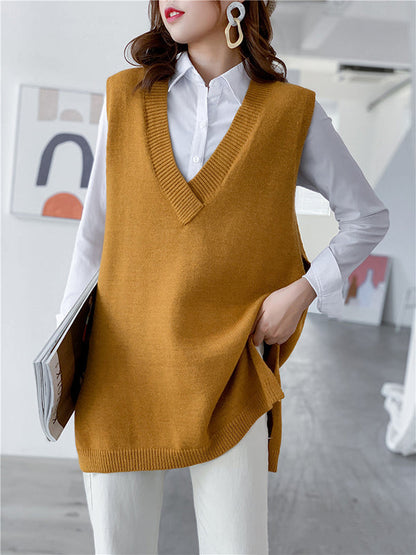 Sleeveless Split-side Color V-neck Knitted Vest