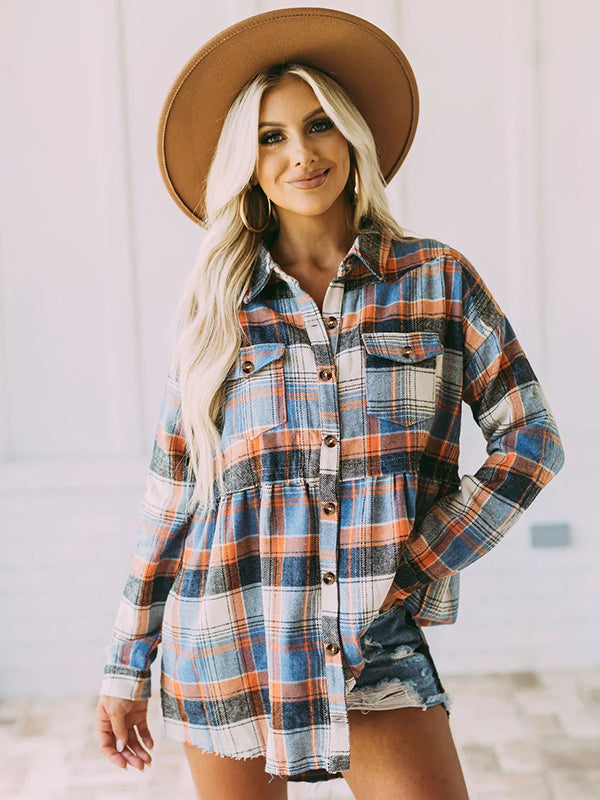 Loose Checkered Lapel Blouses&shirts Tops