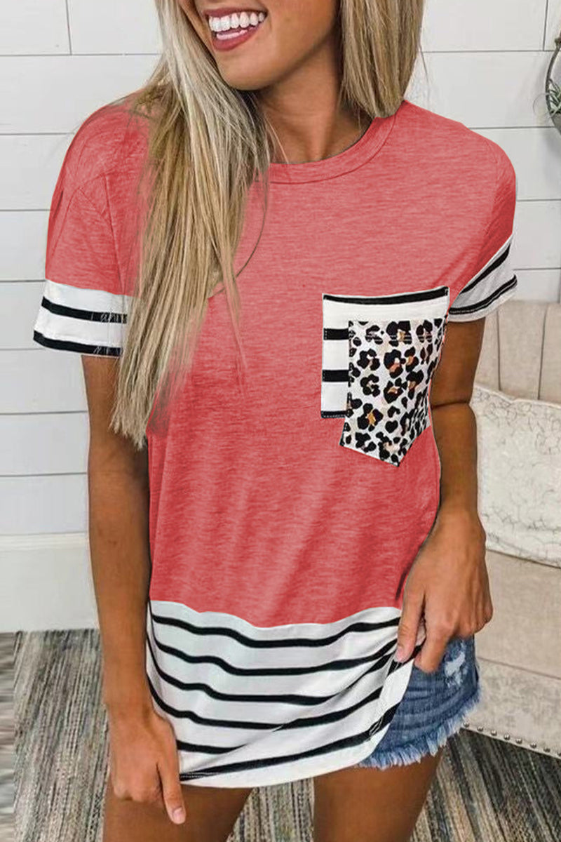 Striped Leopard Patchwork Pocket T-shirts(10 Colors)