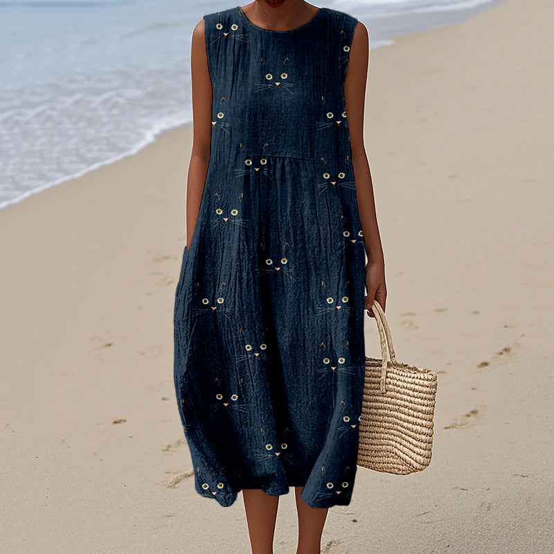 Cute Cat Face Pattern Comfy Linen Tank Dress artswardrobe