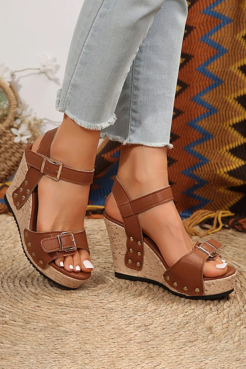 Stylish Camel Rivet Wedge Sandals