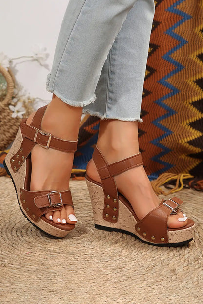 Stylish Camel Rivet Wedge Sandals