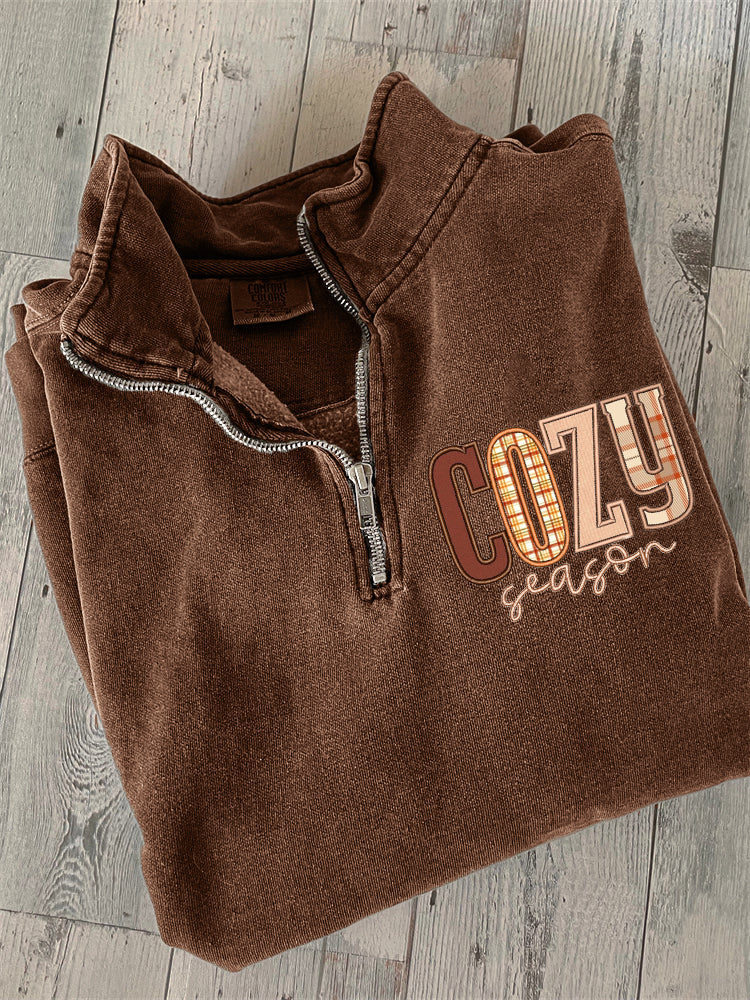Cozy Season Fall Plaid Embroidered Zip Up Sweatshirt artswardrobe