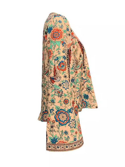 Flared Sleeves Long Sleeves Flower Print V-neck Blouses&shirts Tops