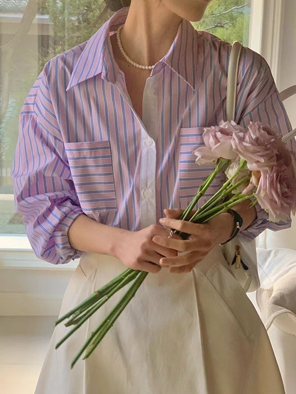 Long Sleeves Loose Buttoned Contrast Color Pockets Striped Lapel Blouses&shirts Tops