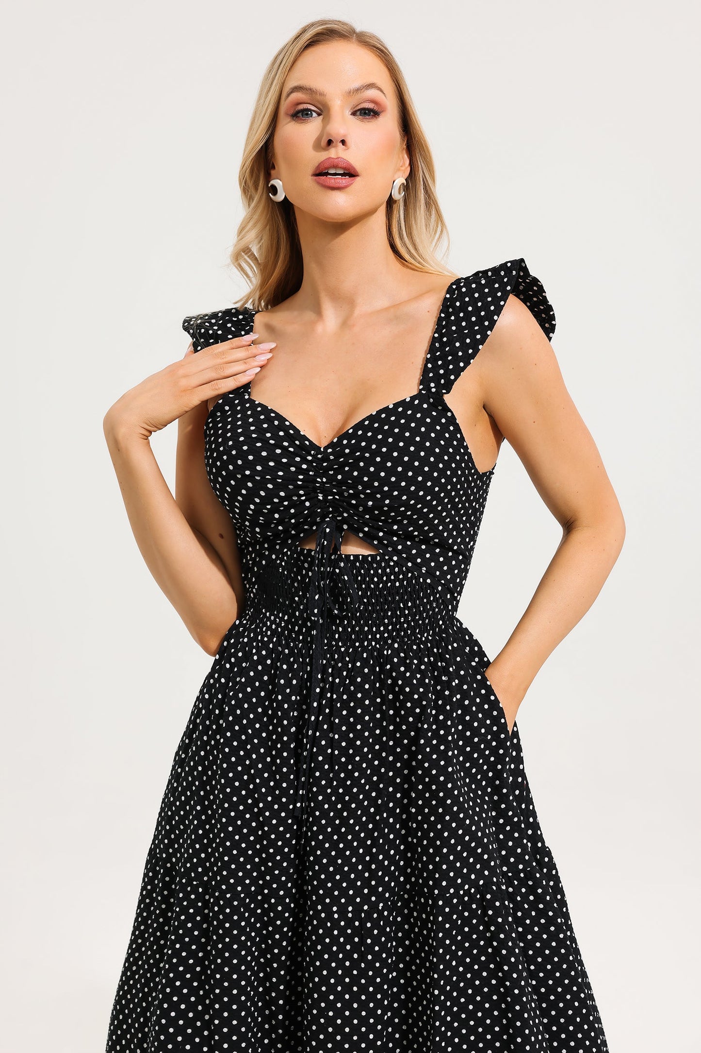 Polka Dot Ruffle Knotted Midi Dress