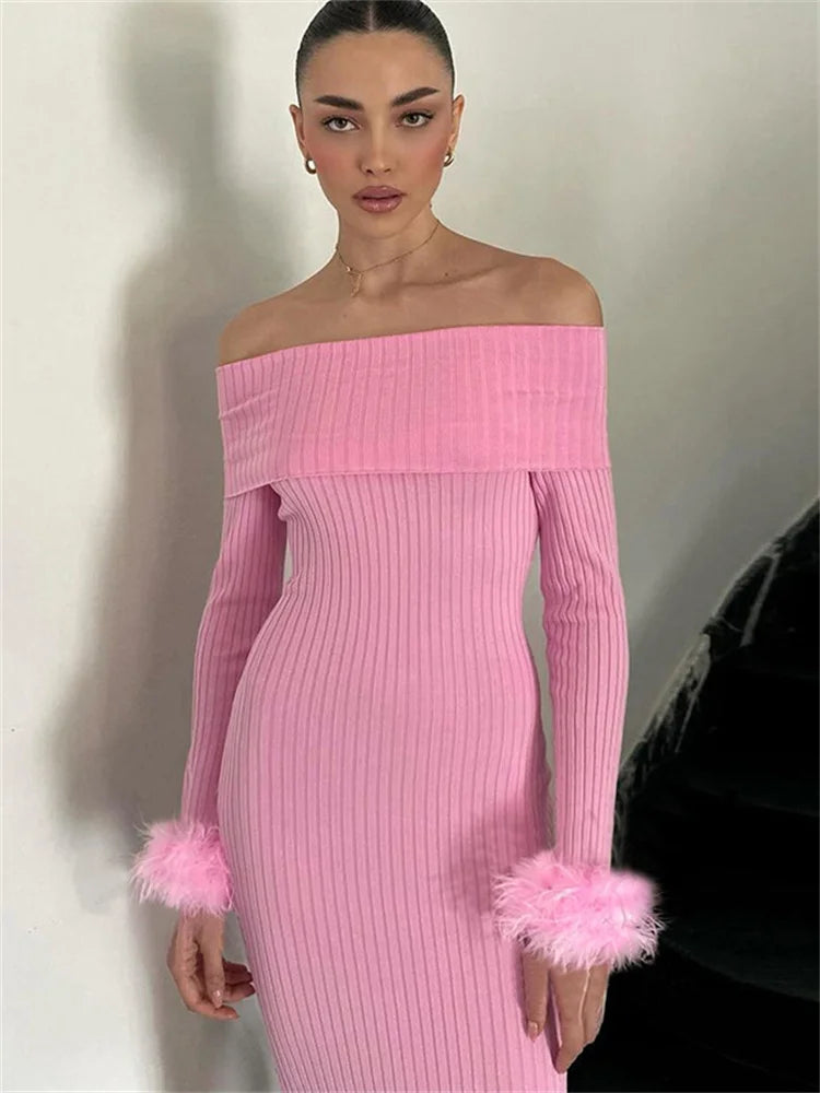 Tossy Off-shoulder Ribbed Fluffy Maxi Dress ’s Slim Long Sleeve Patchwork Loose Party Dress Backless Dress