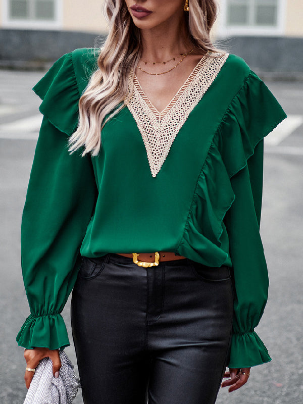 Long Sleeves Loose Asymmetric Hollow V-neck Blouses&shirts Tops