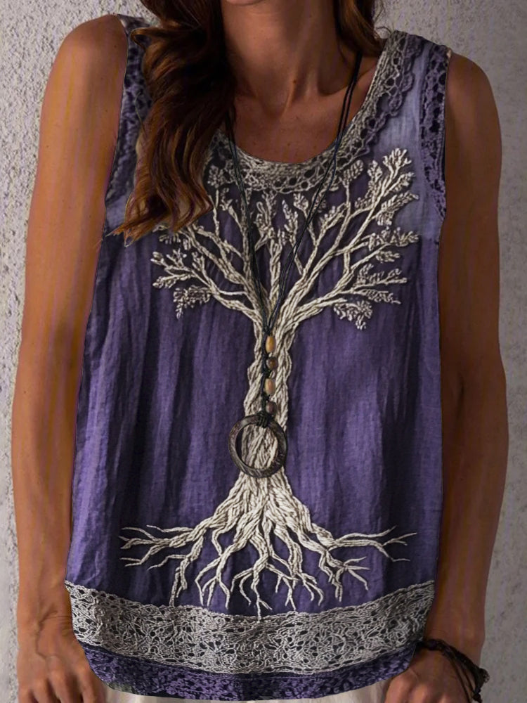 Tree Of Life Lace Embroidered Women's Linen Tank Top artswardrobe