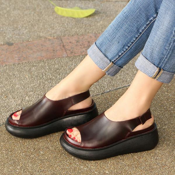 Summer Cow Leather Shoes Coffee Wedge Heel Sandals
