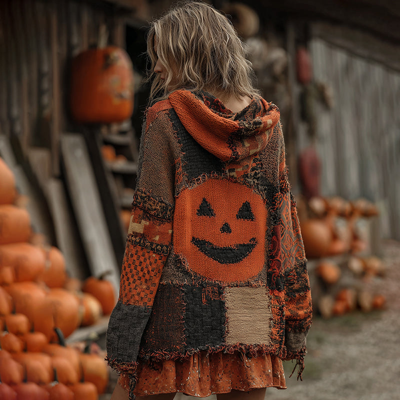Patchwork Halloween Pumpkin Face Art  Cozy Knit Hooded Cardigan artswardrobe